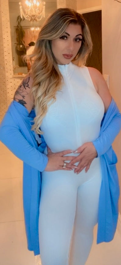 White Ribbed Zip Jumpsuit