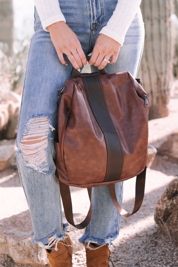 Brown Multifunctional Faux Leather Backpack