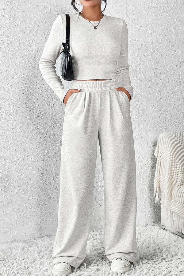 Gray Crop Top and Wide Leg Pants Lounge Set