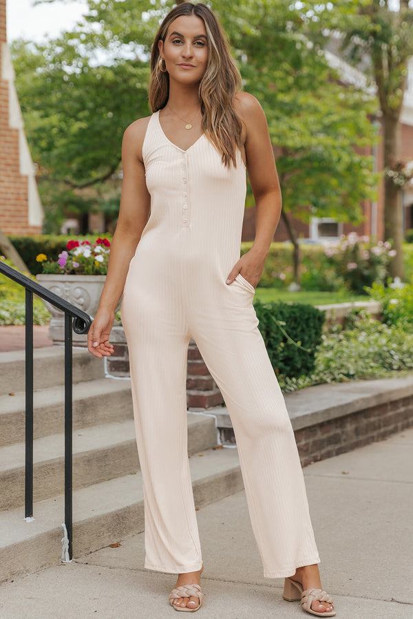 Cream Ribbed Wide Leg Jumpsuit